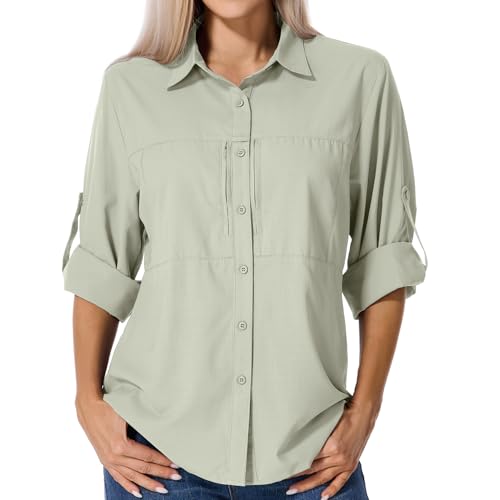 Asfixiado Shirts Damen UV Shirt UPF 50+ Safari Kleidung Wanderbluse Damen Hemdbluse Outdoor Atmungsaktiv Quick Dry Sonnenschutz Langarmshirt Bluse（5087 Light Khaki XL） von Asfixiado
