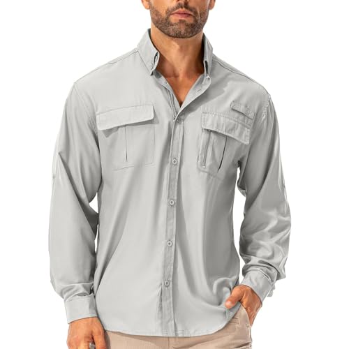 Hemd Herren Safari UPF50+ UV Schutz Wanderhemd Herren Langarm Funktionshemd Outdoorhemd Atmungsaktiv Schnelltrocknend Casual Button Down Shirts(5053 Grey 3XL) von Asfixiado