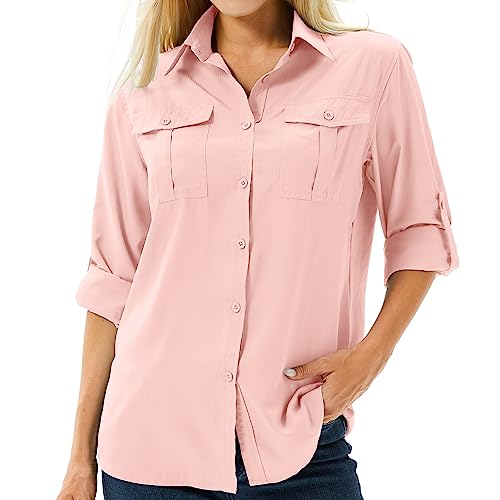 Hemdbluse Damen UPF 50+ UV Shirt Sonnenschutz Safari Kleidung,Wanderbluse Damen Langarm Atmungsaktiv Outdoor Cool Quick Dry Sport Oberteile（5070 Pink S） von Asfixiado