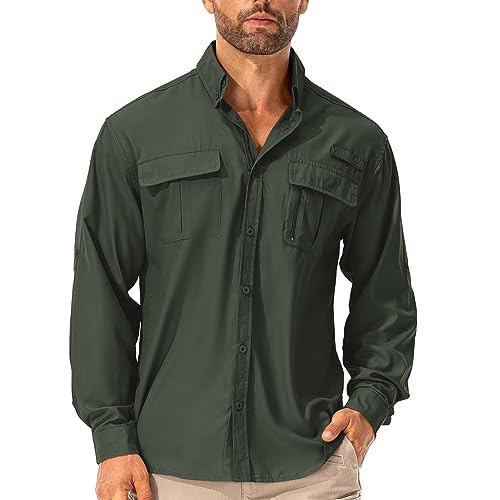Hemd Herren Safari UPF50+ UV Schutz Wanderhemd Herren Langarm Funktionshemd Outdoorhemd Atmungsaktiv Schnelltrocknend Casual Button Down Shirts(5053 Army Green 3XL) von Asfixiado