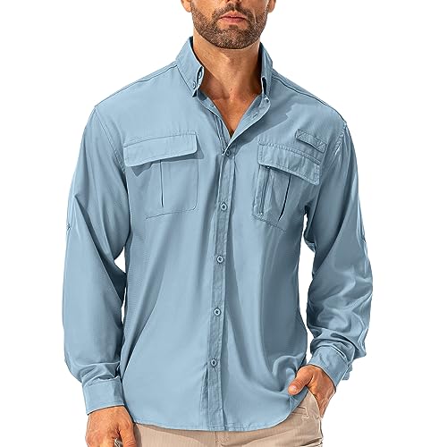 Herrenhemd UPF50+ UV Shirt Langarm Hemd Atmungsaktiv Button-Down Funktionshemd Outdoor Sportliches Freizeithemd Angelhemd Für Männer(5053 Blue 3XL) von Asfixiado