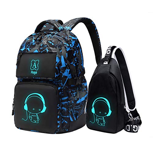 Asge Schulrucksack für Jungen und Mädchen - Wasserdichter Rucksack Teenager, Reflektierend, Groß, für Schule und Outdoor Camping, inkl. Schultertaschen Set von Asge