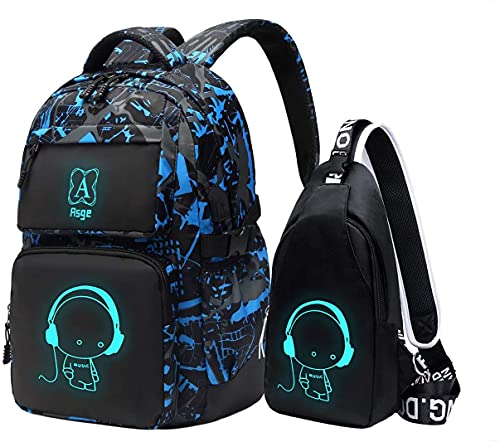 Asge schulrucksack für Jungen und Mädchen - Wasserdichter Rucksack Teenager, Reflektierend, Groß, für Schule und Outdoor Camping, inkl. Schultertaschen Set von Asge
