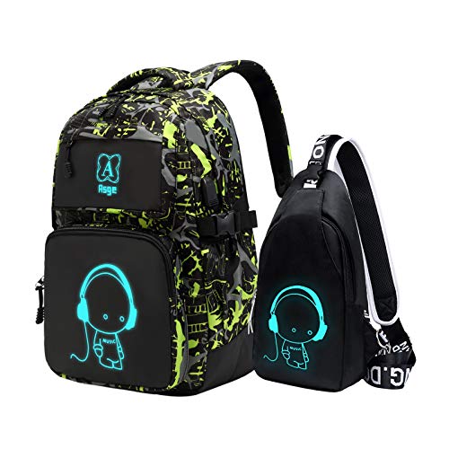 Asge Rucksack Jungen Schulrucksack Teenager Jugendliche Coole Schule Daypacks Kinder Reflektierender Schultasche Outdoor Camping Groß Schulranzen Wasserdicht Ranzen Schultertaschen set von Asge