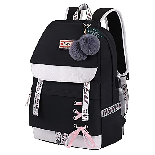 Asge Schulrucksack Mädchen Schulranzen mit Ergonomischem Design Schultasche Campus Backpack Nylon Wasserdicht Daypacks Damen Freizeitrucksack Teenager Rucksäcke Modisch Schule Bag, Schwarz von Asge