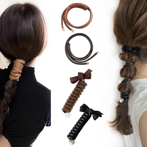 AsggBah 4 Stück elastische Spiral-Haargummis aus geflochtenem Kunstfell mit Schleife für Mädchen und Frauen von AsggBah