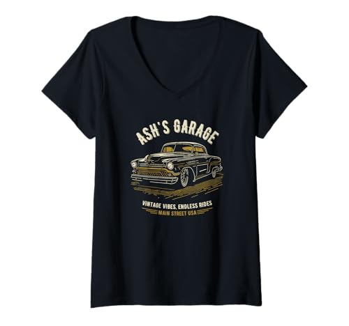 Damen Ash's Garage Hotrod Classic Car Personalisiertes Design T-Shirt mit V-Ausschnitt von Ash's Hotrod Garage Designs for the Name Ash