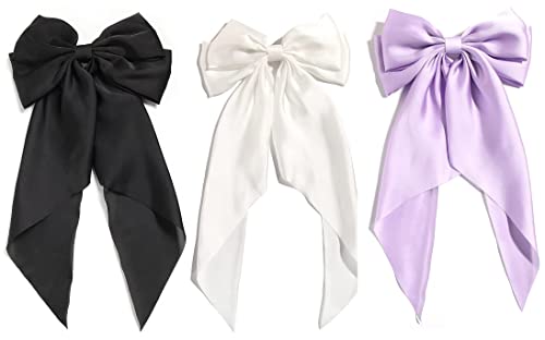 Ash & Roh® Große Satin-Haarschleifen für Damen und Mädchen, 27,9 cm, lange schwarze Schleife, Haarschmuck im französischen Stil, Schwarz, Weiß, Lila von Ash & Roh