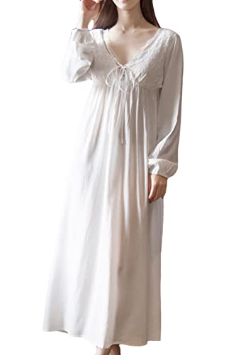 Asherbaby Damen Langarm Kurzarm Vintage Spitze V Ausschnitt Nachthemd Baumwolle Nachtwäsche - Weiß - Medium/Etikettengröße Large von Asherbaby