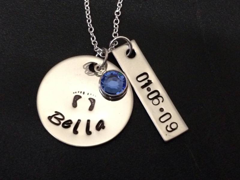 Handgestempelte Mama Halskette - Personalisierter Schmuck Edelstahl My Baby Info | Name Und Geburtsdaten von Ashijewelers