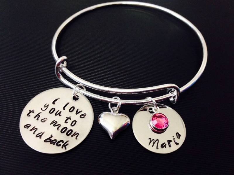 Ich Liebe Dich Zum Mond Und Zurück-Personalisierte - Mama Hand Gestempelt Schmuck Erweiterbare Draht Armreif Name Birthstone Armband Familie von Ashijewelers