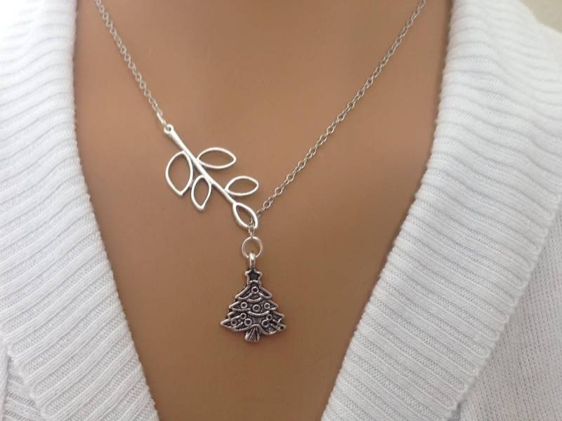 Lariat Stil Silber Zweig Und Weihnachtsbaum Halskette von Ashijewelers