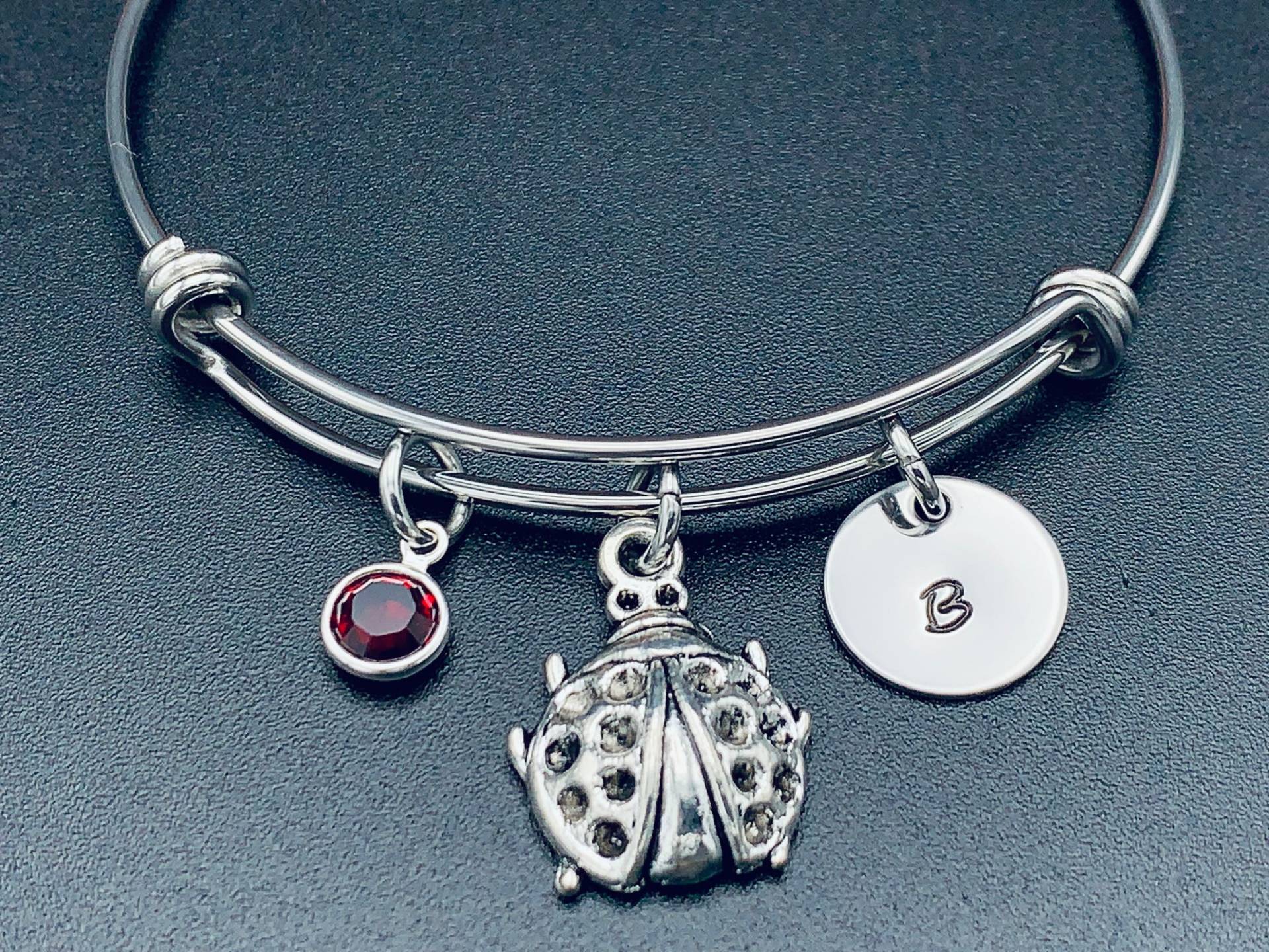 Marienkäfer Armreif, Lady Käfer, Marienkäfer, Antike Erweiterbare Personalisierte Armband, Charm Monogramm, Erste Armband von Ashijewelers