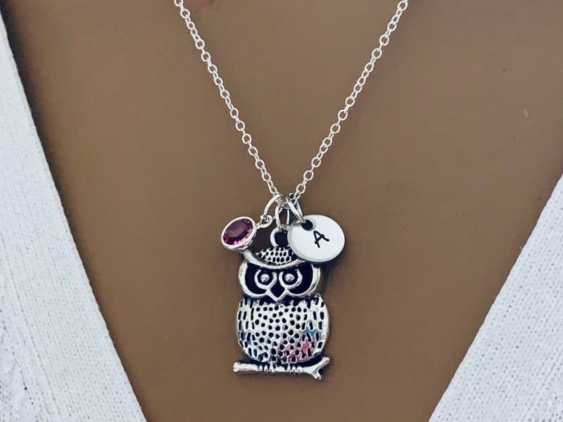 Personalisierte Eule Halskette, Antik Silber Vergoldet Owel Geburtsstein Schmuck Halskette von Ashijewelers