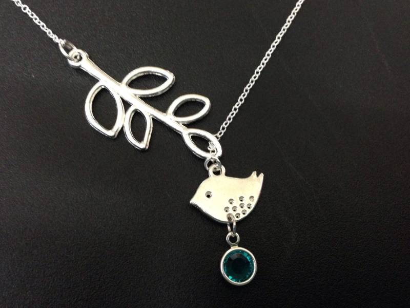 Silber Zweig Und Baum Halskette - Personalisierte Halskette, Vogel Lariat, Anhänger, Geburtsstein, Kristall, Geschenk von Ashijewelers