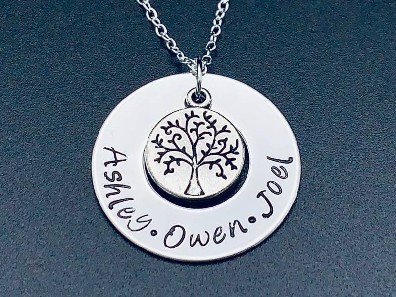 stammbaum Hand Gestempelt Halskette, Edelstahl Personalisierte Handgestempelt Schmuck Für Kinder, Mütter, Omas von Ashijewelers