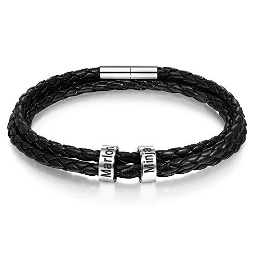 Ashleymade Personalisierte Armband mit 2 to 5 Namen Gravur Geflochtenes Lederarmband Damen BFF Freundschaft Armbänder Geschenk für Valentinstag Geburtstag (schwarz 2 namen, Edelstahl) von Ashleymade