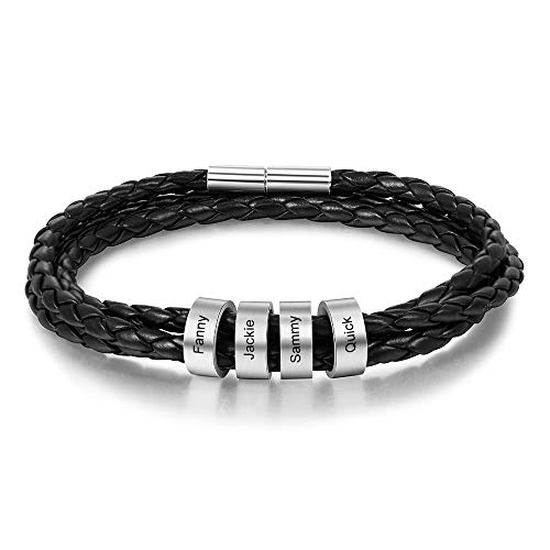 Personalisierte Armband mit 2 to 5 Namen Gravur Geflochtenes Lederarmband Damen BFF Freundschaft Armbänder Geschenk für Valentinstag Geburtstag (schwarz 4 namen, Edelstahl) von Ashleymade