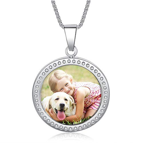 Personalisierte Foto Text Halskette mit graviertem Silber 925 Herzform Anhänger und Simulation Birthstone Frauen Kette Souvenir Geschenk für Muttertag Valentinstag Weihnach (silver round 1) von Ashleymade