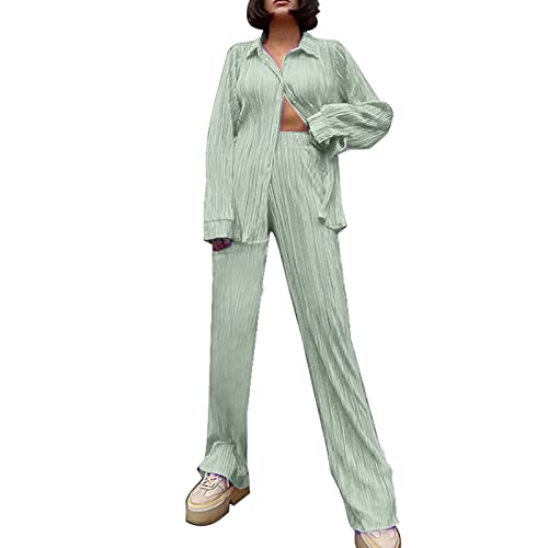 2 Stück Damen Zweiteiler Plissee Set Elegant Casual Hosenanzug Button Down Shirt Hohe Taille Lange Hosen Langarm Bluse + Weites Bein Hose Sommer Herbst Outfit Casual Loungewear (Mint Green, M) von Ashleyzj