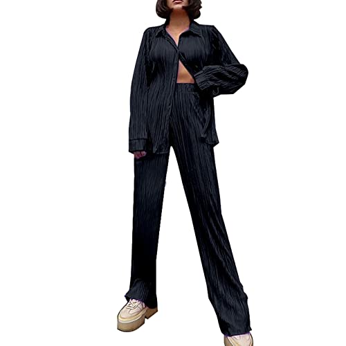 2 Stück Damen Zweiteiler Plissee Set Elegant Casual Hosenanzug Button Down Shirt Hohe Taille Lange Hosen Langarm Bluse + Weites Bein Hose Sommer Herbst Outfit Casual Loungewear Streetwear (Black, S) von Ashleyzj