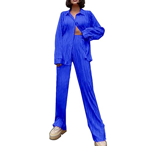 2 Stück Damen Zweiteiler Plissee Set Elegant Casual Hosenanzug Button Down Shirt Hohe Taille Lange Hosen Langarm Bluse + Weites Bein Hose Sommer Herbst Outfit Casual Loungewear Streetwear (Blue, S) von Ashleyzj