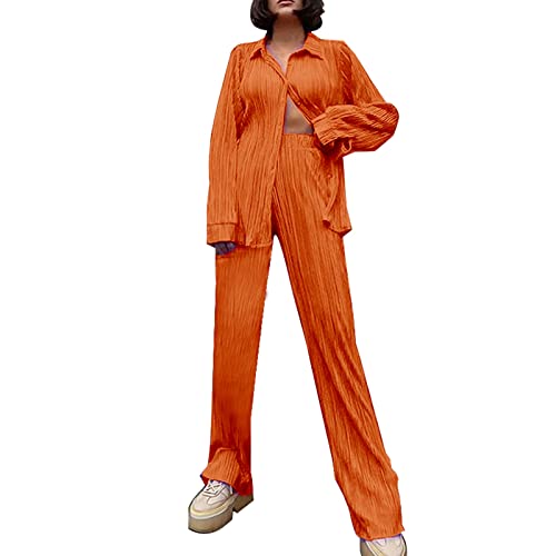 2 Stück Damen Zweiteiler Plissee Set Elegant Casual Hosenanzug Button Down Shirt Hohe Taille Lange Hosen Langarm Bluse + Weites Bein Hose Sommer Herbst Outfit Casual Loungewear Streetwear (Orange, XL) von Ashleyzj