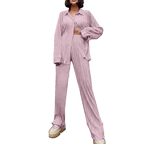 2 Stück Damen Zweiteiler Plissee Set Elegant Casual Hosenanzug Button Down Shirt Hohe Taille Lange Hosen Langarm Bluse + Weites Bein Hose Sommer Herbst Outfit Casual Loungewear Streetwear (Pink, L) von Ashleyzj