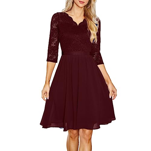 Abendkleid Damen Rockabilly Kleider Spitzenkleid 3/4 arm V-Ausschnitt Chiffon Brautjungfer Midi Langarm Party Festliche Kleider für Hochzeit Vintage Cocktailkleid (Red-A, L) von Ashleyzj