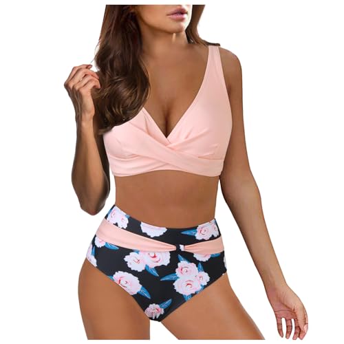 Ashleyzj Bikini Damen Set Zweiteiliger Sexy Badeanzug V Ausschnitt überkreuztes Bauchweg Bademode Blumenmuster Bikinis High Waist Bademoden Bauchkontrolle Bikini Sets Swimwear Badebekleidung von Ashleyzj