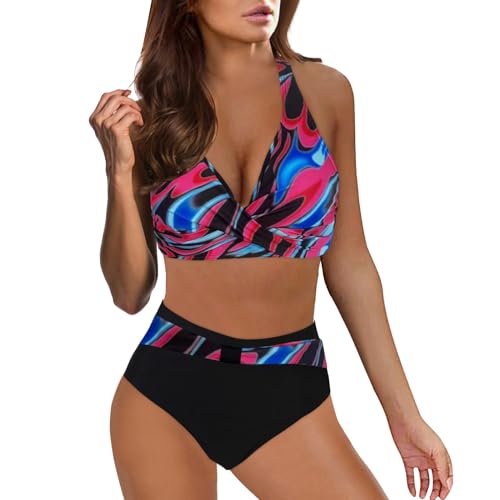 Ashleyzj Bikini Damen Set Zweiteiliger Sexy Badeanzug V Ausschnitt überkreuztes Bauchweg Bademode Blumenmuster Bikinis High Waist Bademoden Bauchkontrolle Bikini Sets Swimwear Badebekleidung von Ashleyzj