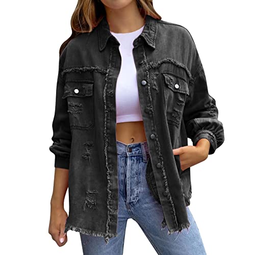 Ashleyzj Bomberjacke Damen Jeansjacke Trendige Zerrissene übergroßE Lässige Lange Boyfriend-Jeansjacken Im Distressed-Stil üBergangsjacke Mantel Vintage Jean Mantel ÜBergangs Ripped Denim Jacken von Ashleyzj