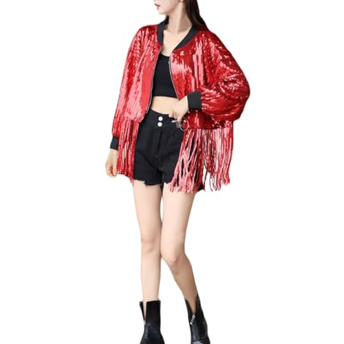 Ashleyzj Damen Glitzer Pailletten Jacke Fransen Jeansjacke Langarm Quasten Pailletten College Party Jacken Hiphop Bomberjacke Fliegenjacke Bikerjacke Outwear Konzert Outfits (Red, One Size) von Ashleyzj