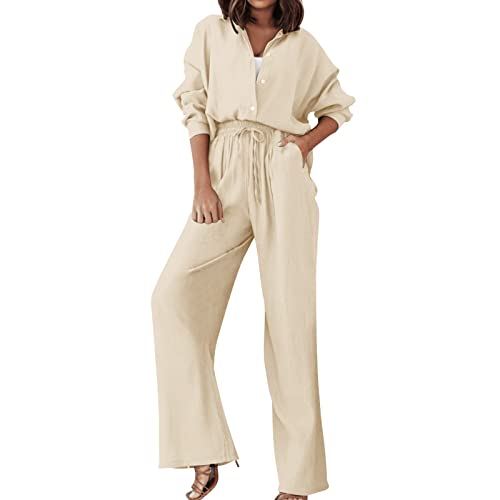 Ashleyzj Damen Zweiteiler Plissee Outfit Kleidung Freizeitanzug Elegant Hosenanzug 2 Teiler Set Weite Hose + Button Down Langarmshirt Einfarbig Loungewear Casual Streatwear Anzug (Beige, S) von Ashleyzj