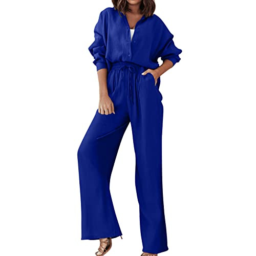 Ashleyzj Damen Zweiteiler Plissee Outfit Kleidung Freizeitanzug Elegant Hosenanzug 2 Teiler Set Weite Hose + Button Down Langarmshirt Einfarbig Loungewear Casual Streatwear Anzug (Blue, S) von Ashleyzj