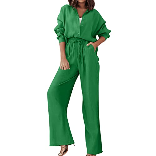 Ashleyzj Damen Zweiteiler Plissee Outfit Kleidung Freizeitanzug Elegant Hosenanzug 2 Teiler Set Weite Hose + Button Down Langarmshirt Einfarbig Loungewear Casual Streatwear Anzug (Green, L) von Ashleyzj