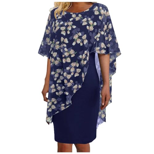 Ashleyzj Kleid Damen Elegant Abendkleid Große Größe Chiffon Cape Cocktailkleid Knielang Blumendruck Abendkleid mit Overlay Chiffonkleid Partykleid Zweiteiliges Set Kleider Cardigan Kleid (Blue, XL) von Ashleyzj