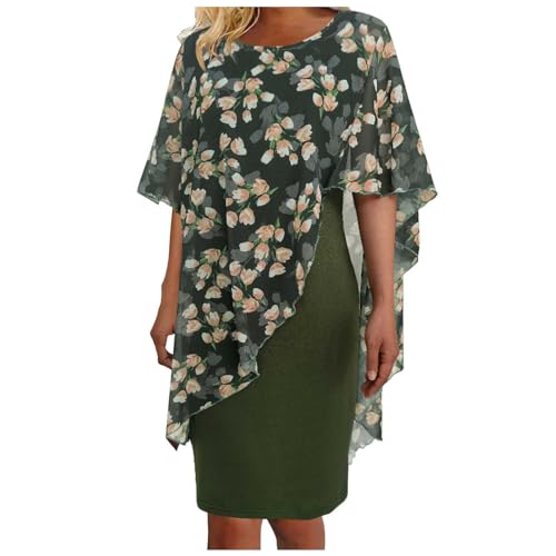 Ashleyzj Kleid Damen Elegant Abendkleid Große Größe Chiffon Cape Cocktailkleid Knielang Blumendruck Abendkleid mit Overlay Chiffonkleid Partykleid Zweiteiliges Set Kleider Cardigan Kleid (Green, XXL) von Ashleyzj