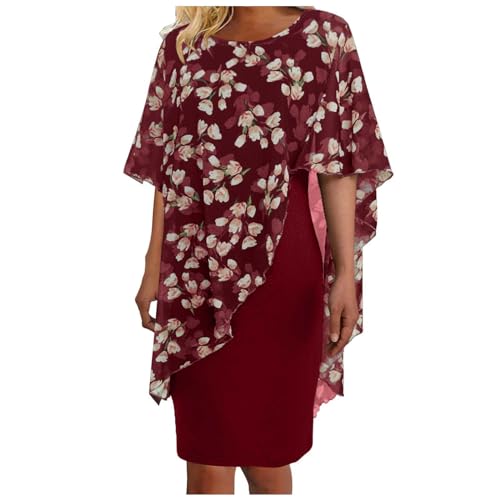 Ashleyzj Kleid Damen Elegant Abendkleid Große Größe Chiffon Cape Cocktailkleid Knielang Blumendruck Abendkleid mit Overlay Chiffonkleid Partykleid Zweiteiliges Set Kleider Cardigan Kleid (Red, XL) von Ashleyzj
