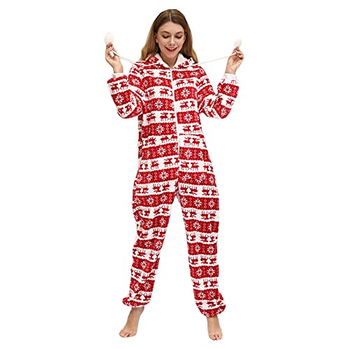 Ashleyzj Weihnachts Pyjama Onesie für Damen Jumpsuit Weihnachten Kapuzen Kuschelig Hoodie mit Reißverschluss Overall Weihnachten Schlafanzug Einteiler Overall Christmas Hausanzug Set (Red, M) von Ashleyzj