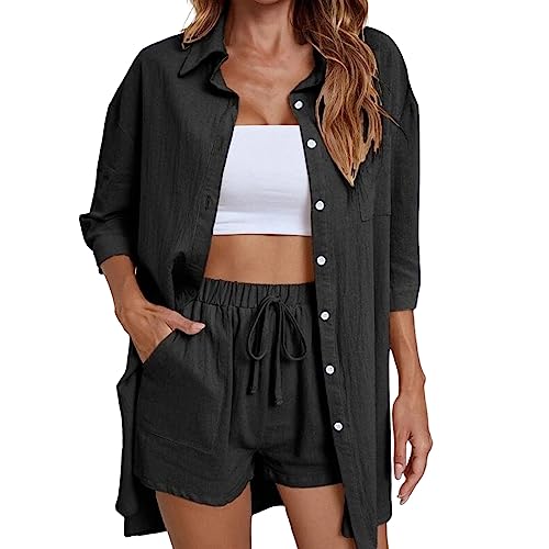 Ashleyzj Zweiteiler Damen Sommer Outfits 2 Teiler Musselin Hose Anzug Elegant Set Freizeit Basic 2 Teilig Langarm Hemd Hemdshirt Set Für Frauen Streetwear Oversize Tracksuit Set High (1A-Black, XL) von Ashleyzj