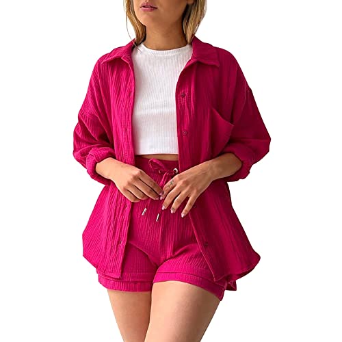 Ashleyzj Zweiteiler Damen Sommer Outfits 2 Teiler Musselin Hose Anzug Elegant Set Freizeit Basic 2 Teilig Langarm Hemd Hemdshirt Set Für Frauen Streetwear Oversize Tracksuit Set High (Hot Pink, S) von Ashleyzj