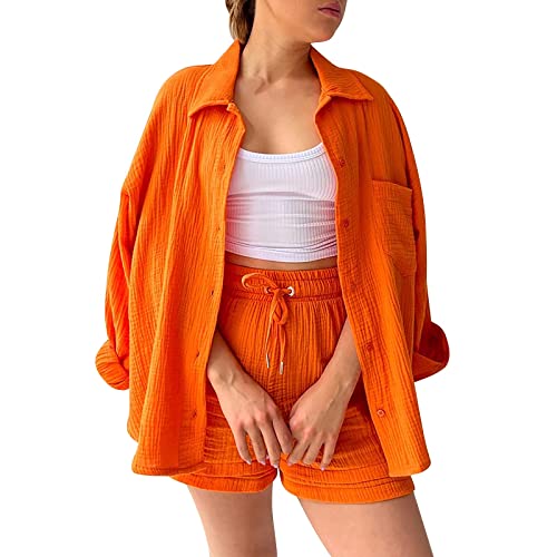 Ashleyzj Zweiteiler Damen Sommer Outfits 2 Teiler Musselin Hose Anzug Elegant Set Freizeit Basic 2 Teilig Langarm Hemd Hemdshirt Set Für Frauen Streetwear Oversize Tracksuit Set High (Orange, XXL) von Ashleyzj