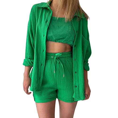 Ashleyzj Zweiteiler Damen Sommer Outfits 2 Teiler Musselin Hose Anzug Elegant Set Freizeit Basic 2 Teilig Langarm Hemd Hemdshirt Set Für Frauen Streetwear Oversize Tracksuit Set High Waist (Green, L) von Ashleyzj