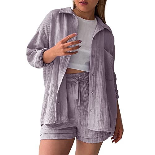 Ashleyzj Zweiteiler Damen Sommer Outfits 2 Teiler Musselin Hose Anzug Elegant Set Freizeit Basic 2 Teilig Langarm Hemd Hemdshirt Set Für Frauen Streetwear Oversize Tracksuit Set High Waist (Purple, S) von Ashleyzj