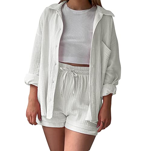 Ashleyzj Zweiteiler Damen Sommer Outfits 2 Teiler Musselin Hose Anzug Elegant Set Freizeit Basic 2 Teilig Langarm Hemd Hemdshirt Set Für Frauen Streetwear Oversize Tracksuit Set High Waist (White, M) von Ashleyzj