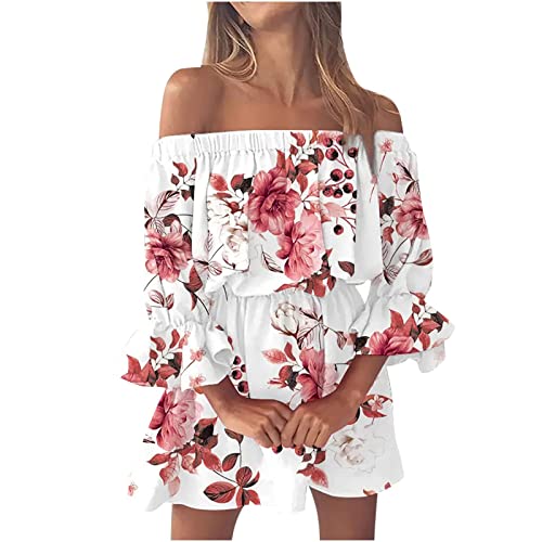 Damen Bandeau Sommerkleider Sexy Trägerloses Schulterfreies Blumendruck Kurz Kleid Strand Lässige Tunika High Waist Freizeitkleider Casual Loose Rüschen Minikleid Mini Blumenkleid Kleider für Frauen von Ashleyzj