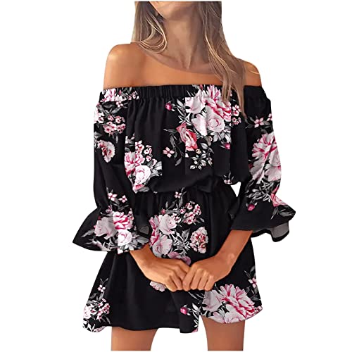 Damen Bandeau Sommerkleider Sexy Trägerloses Schulterfreies Blumendruck Kurz Kleid Strand Lässige Tunika High Waist Freizeitkleider Casual Loose Rüschen Minikleid Mini Blumenkleid Kleider für Frauen von Ashleyzj