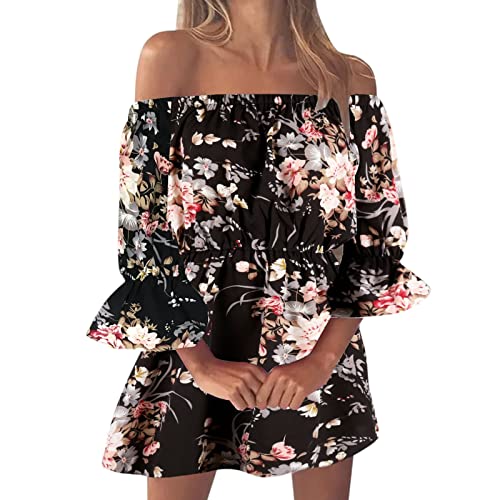 Damen Bandeau Sommerkleider Sexy Trägerloses Schulterfreies Blumendruck Kurz Kleid Strand Lässige Tunika High Waist Freizeitkleider Casual Loose Rüschen Minikleid Mini Blumenkleid Kleider für Frauen von Ashleyzj