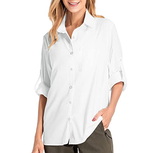 Damen Hemdbluse UV Schutz Langarmshirt Damen Schnell Trocknende Sport Shirts Wandershirt Safari Casual Button Up Tops Strandurlaub Elegant Bluse Langarm Funktionshemd Wanderhemd Safari Reisen Golf von Ashleyzj